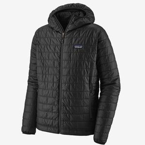 Patagonia Men’s black nano puff hooded jacket, size medium
